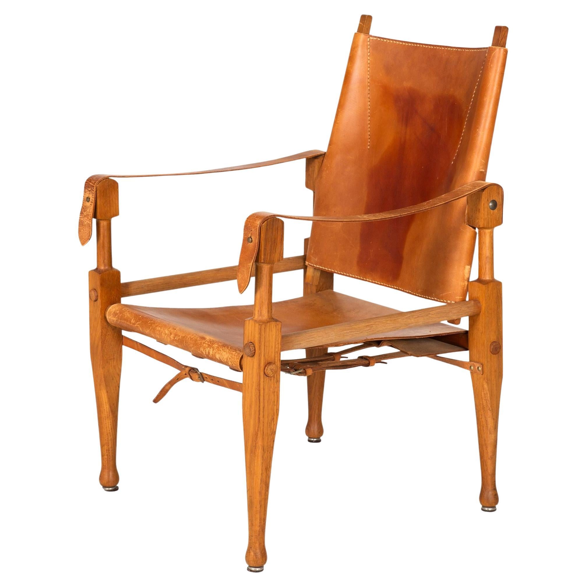 Chaise à bras Safari en cuir et Oak Vintage Circa 1950 par Wilhelm Kienzle