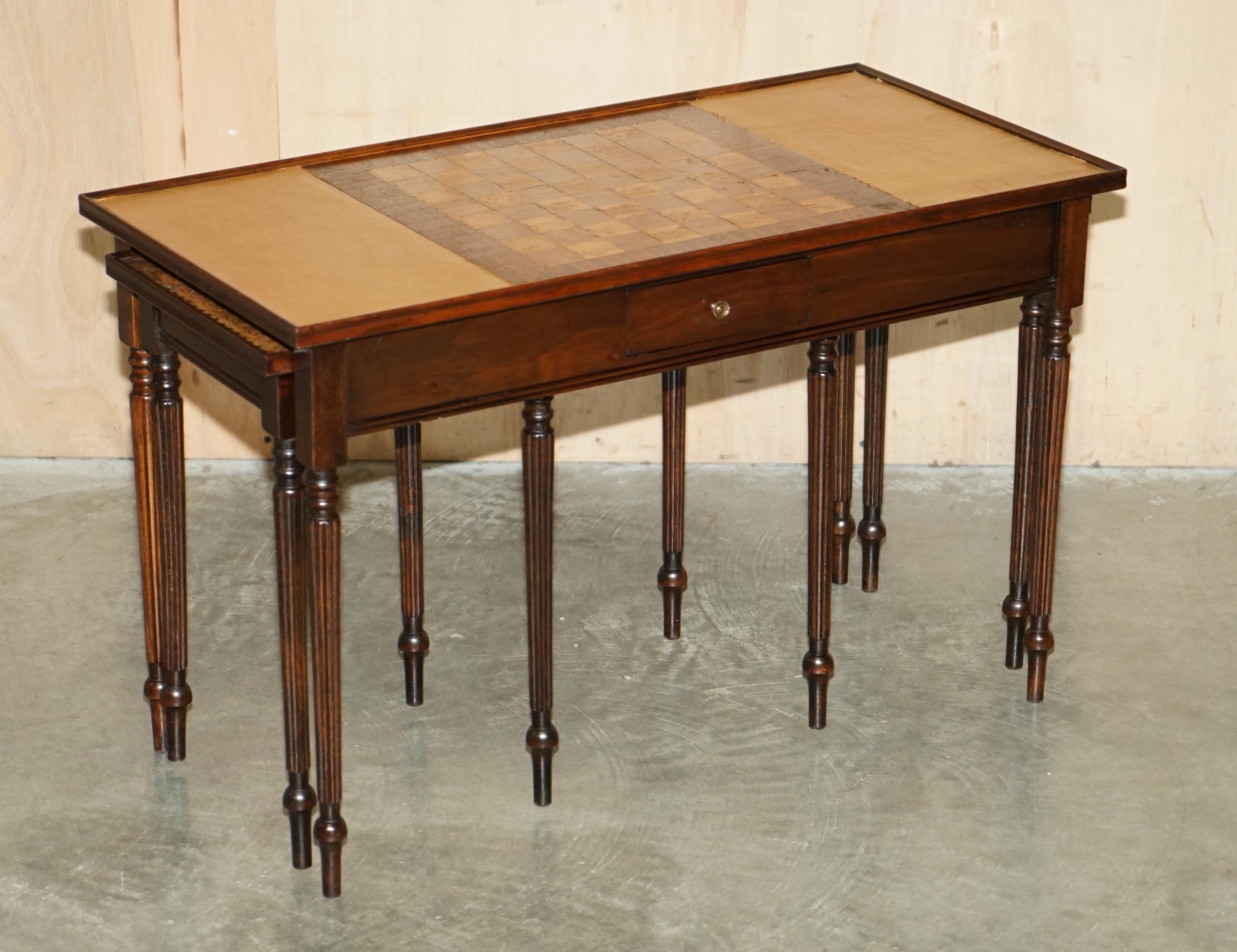 Mid-Century Modern VINTAGE CIRCA 1950's LEATHER TOPPED CHESSBOARD COFFEE NEST OF TABLES FOR CHESS! For Sale