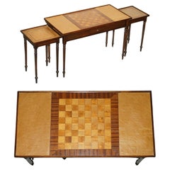 VINTAGE CIRCA 1950's LEATHER TOPPED CHESSBOARD COFFEE NEST OF TABLES FOR CHESS!