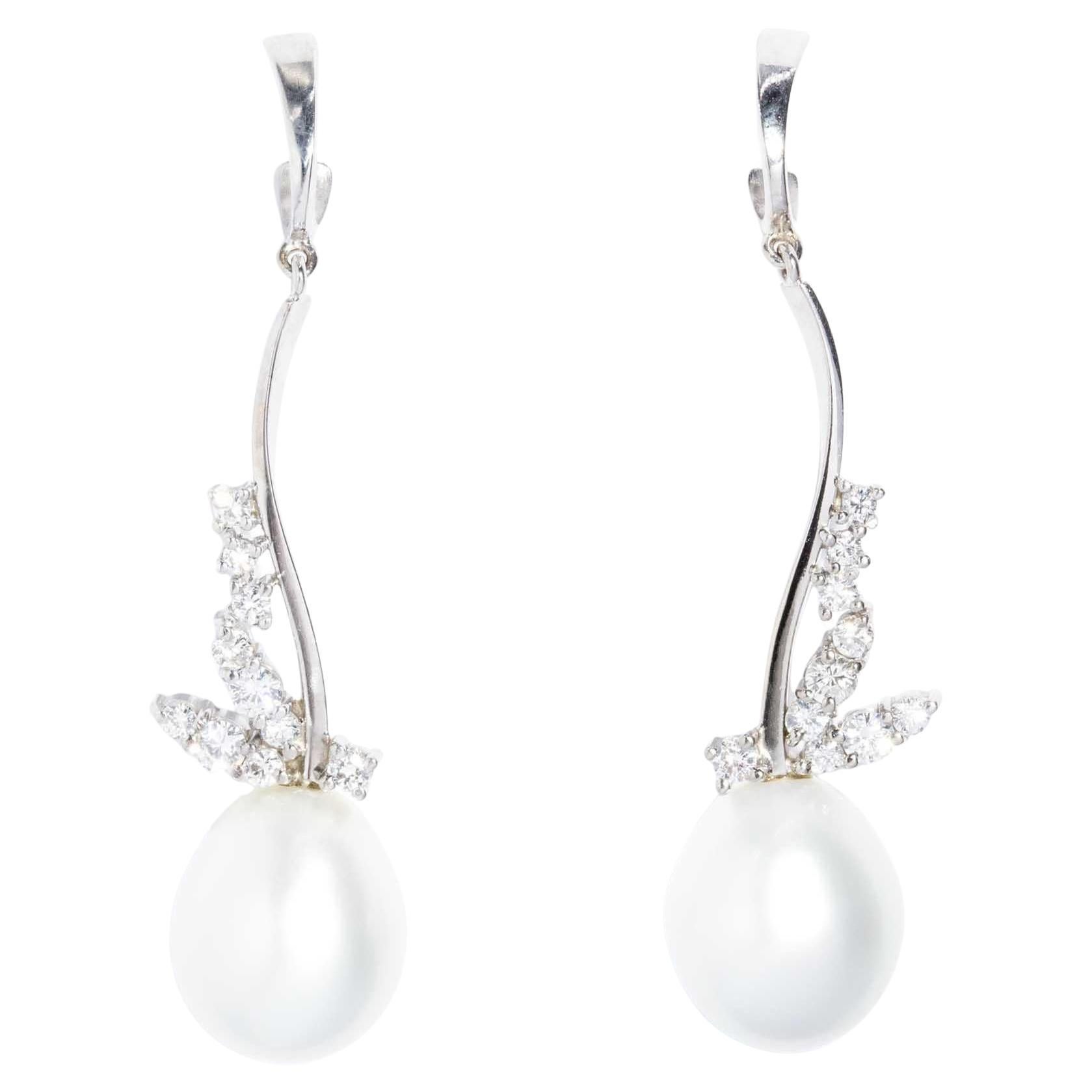 Vintage Circa 1950s Pearl & Diamond Drop Style Earrings 18 Carat White Gold