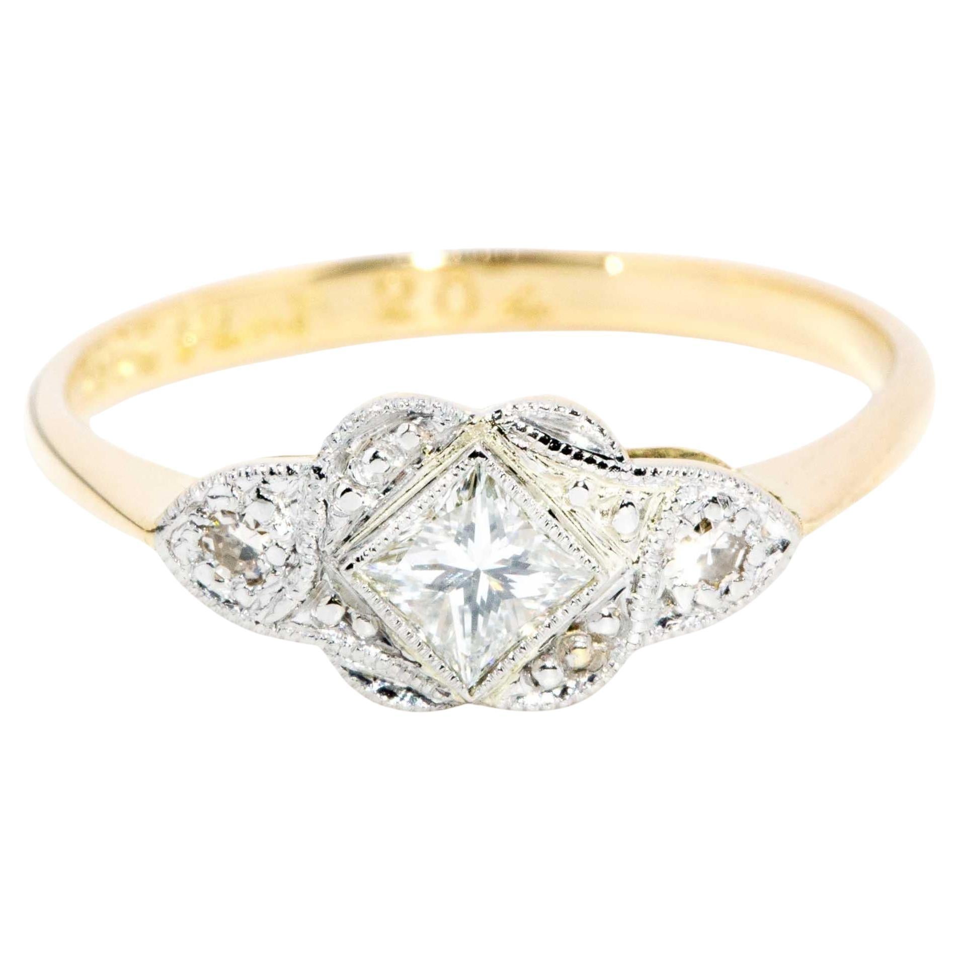 Vintage Circa 1950s Princess Diamond Ring Platinum & 18 Carat Gold