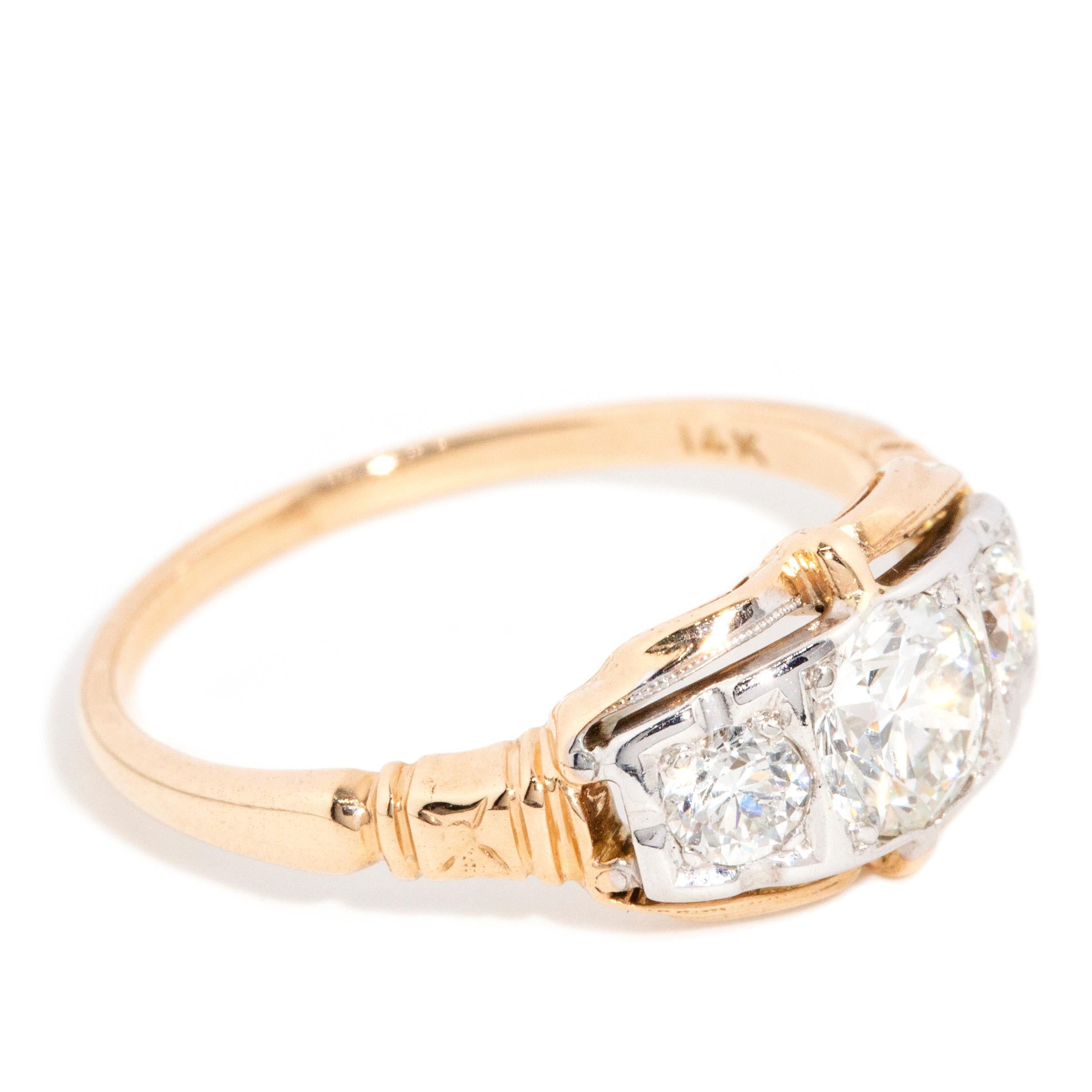 Modern Vintage Circa 1950s Three Stone Diamond Ring 14 Carat Yellow & White Gold For Sale
