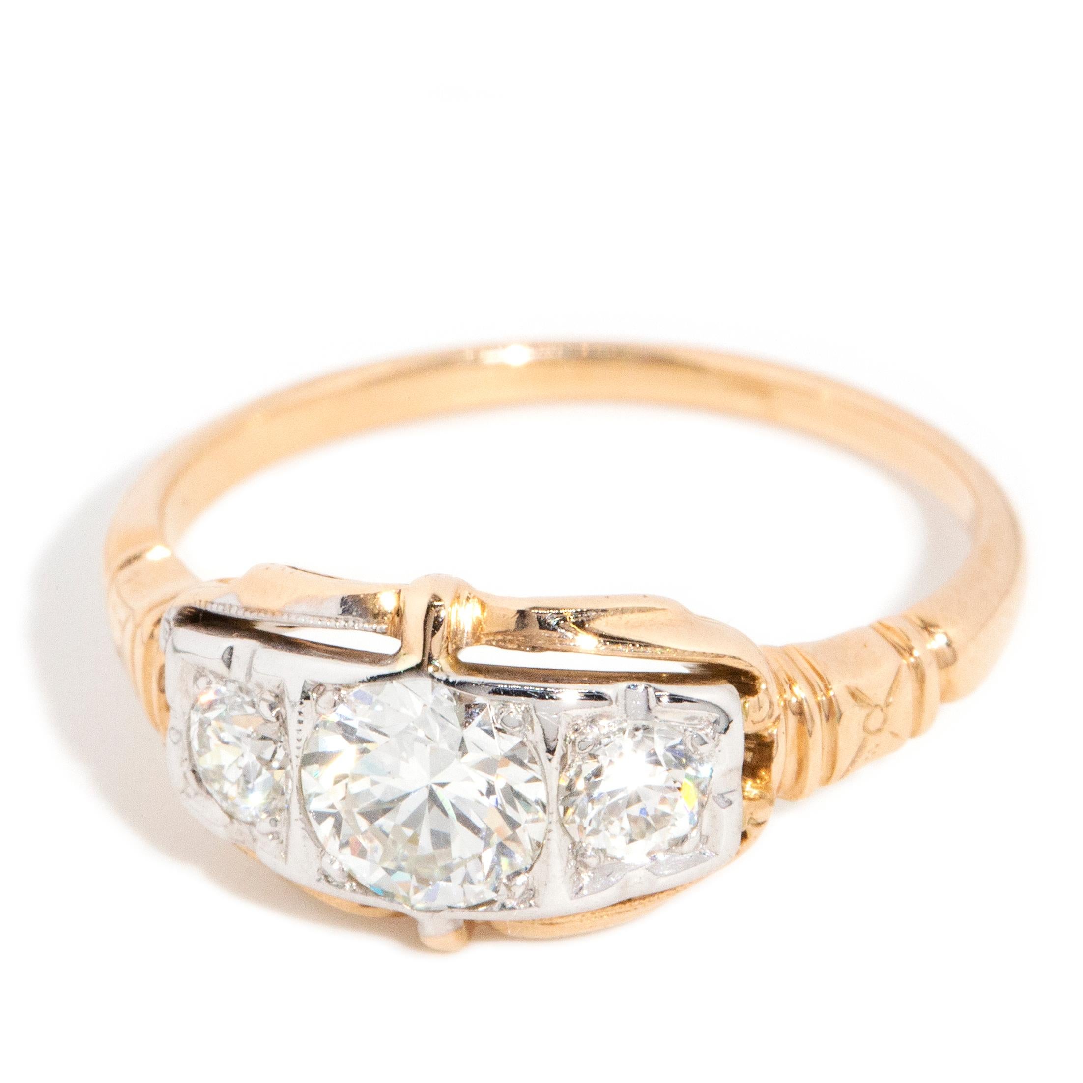 Round Cut Vintage Circa 1950s Three Stone Diamond Ring 14 Carat Yellow & White Gold For Sale