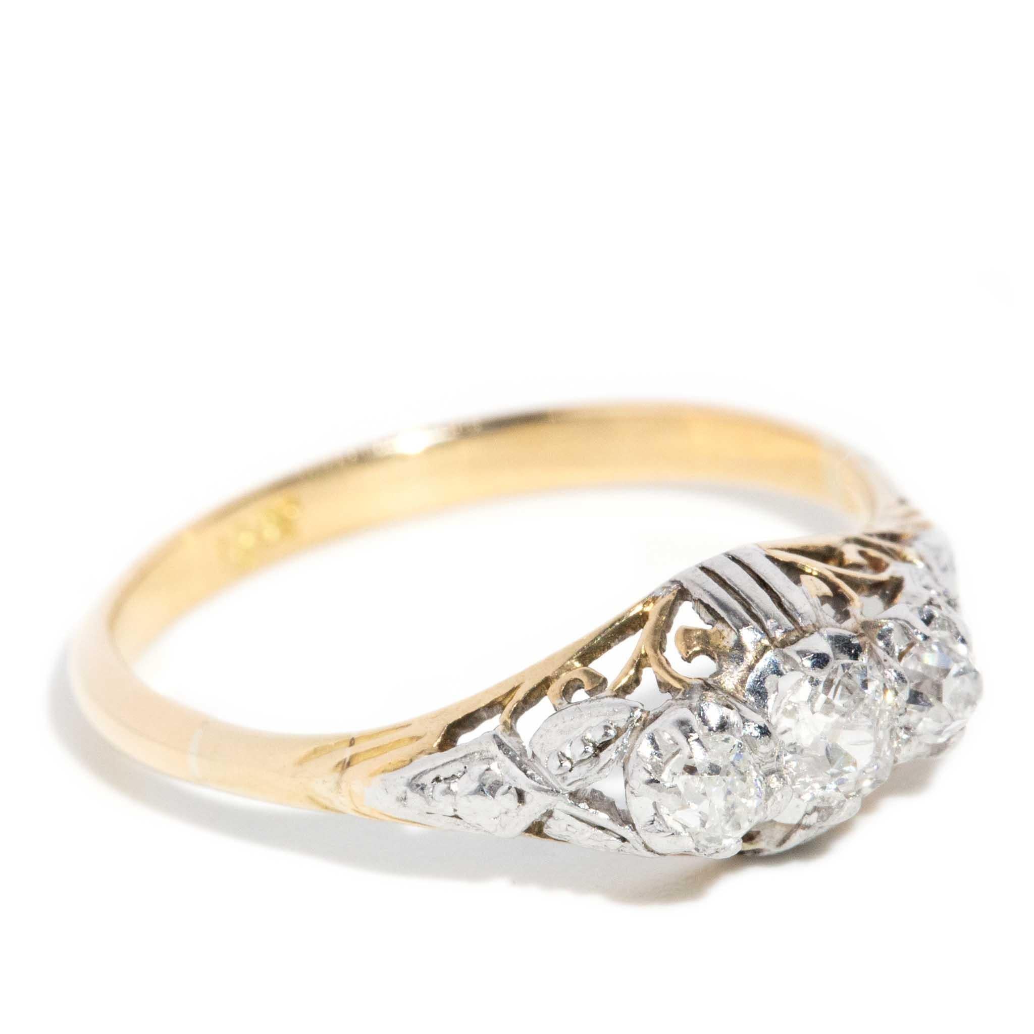Modern Vintage Circa 1950s Three Stone Diamond Ring 18 Carat Yellow & White Gold For Sale