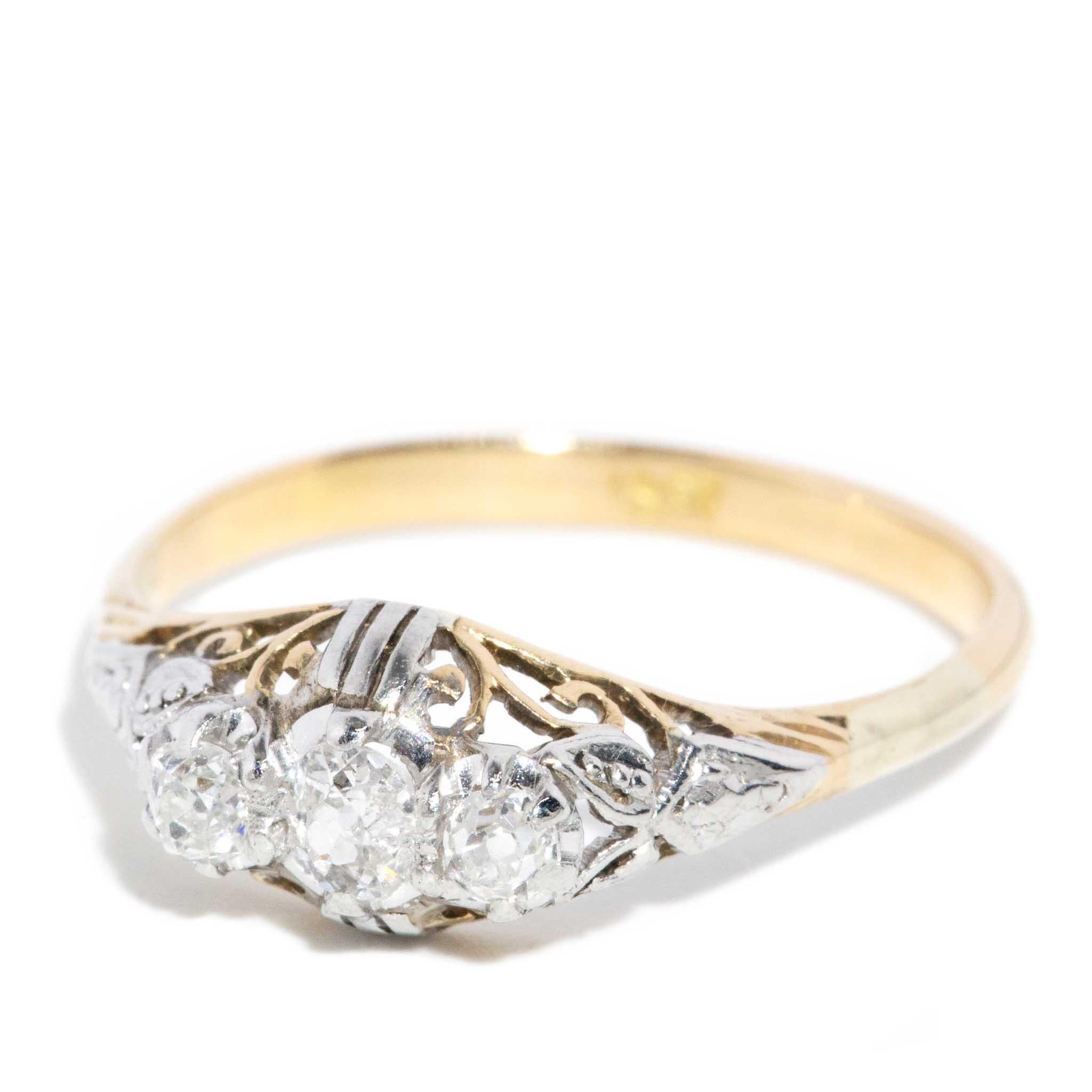 Old European Cut Vintage Circa 1950s Three Stone Diamond Ring 18 Carat Yellow & White Gold For Sale
