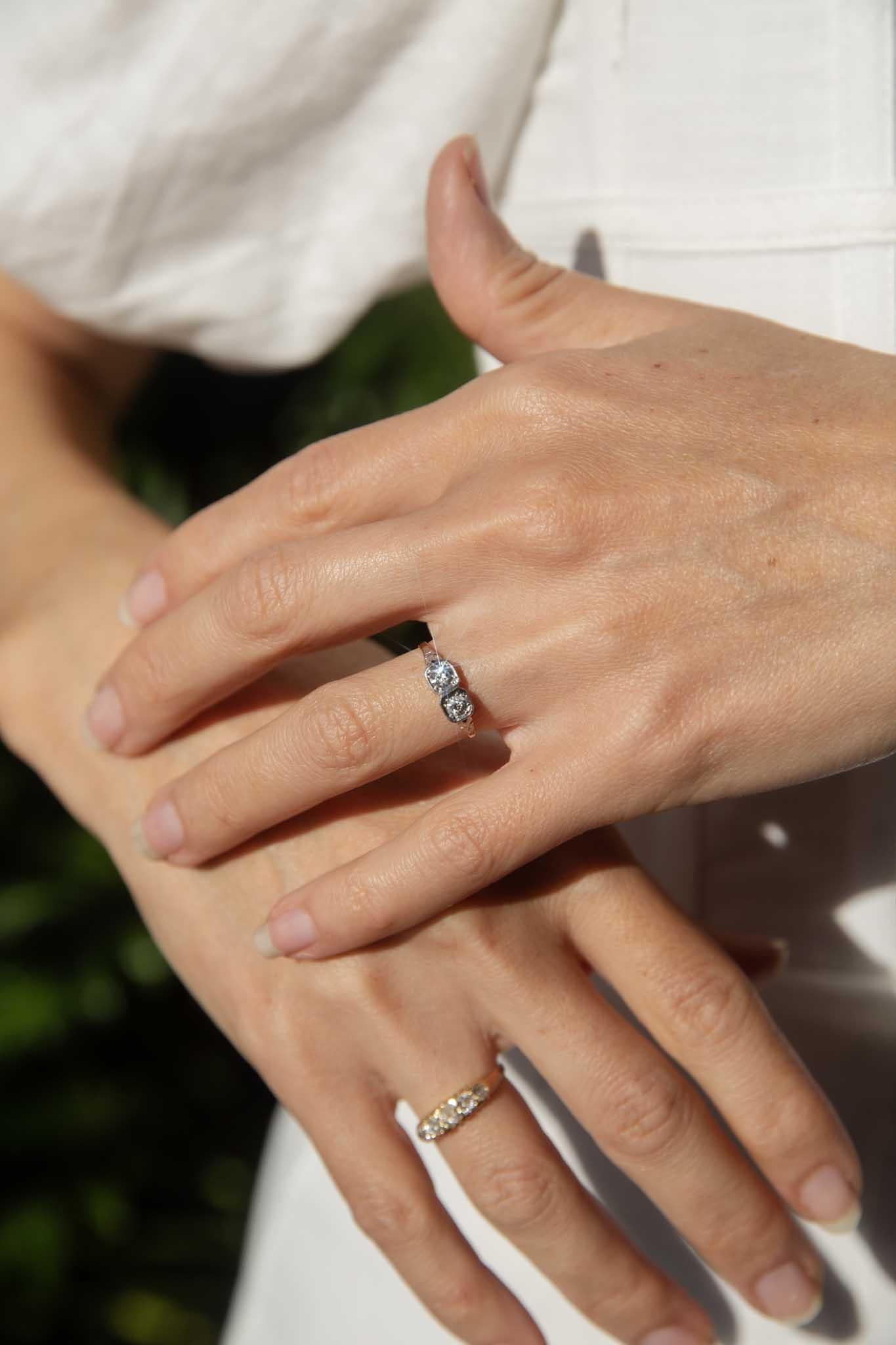 Crafted in 18 carat gold, our Acadia Ring is a sweet vintage gift for your special someone. For life's big occasions or just because. Made with love for your love.  
 
The Acadia Gem Details
The two transition cut diamonds are estimated to total