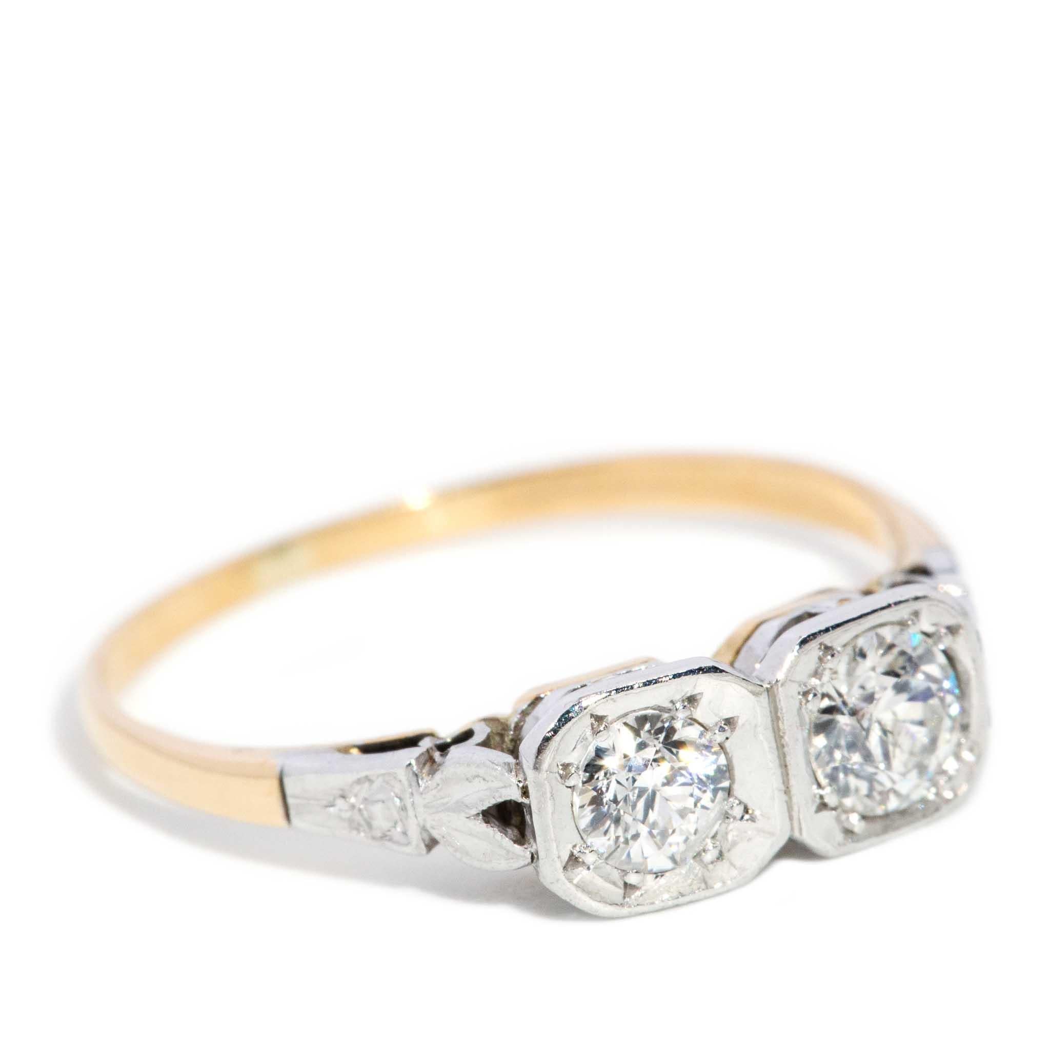 Modern Vintage Circa 1950s Transition Cut Diamond Ring 18 Carat Yellow Gold For Sale