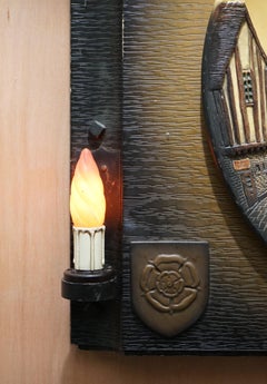 VINTAGE CIRCA 1950's WALL HANGING CLOCK WITH LAMPS DEPICTING A VILLAGE SCENE