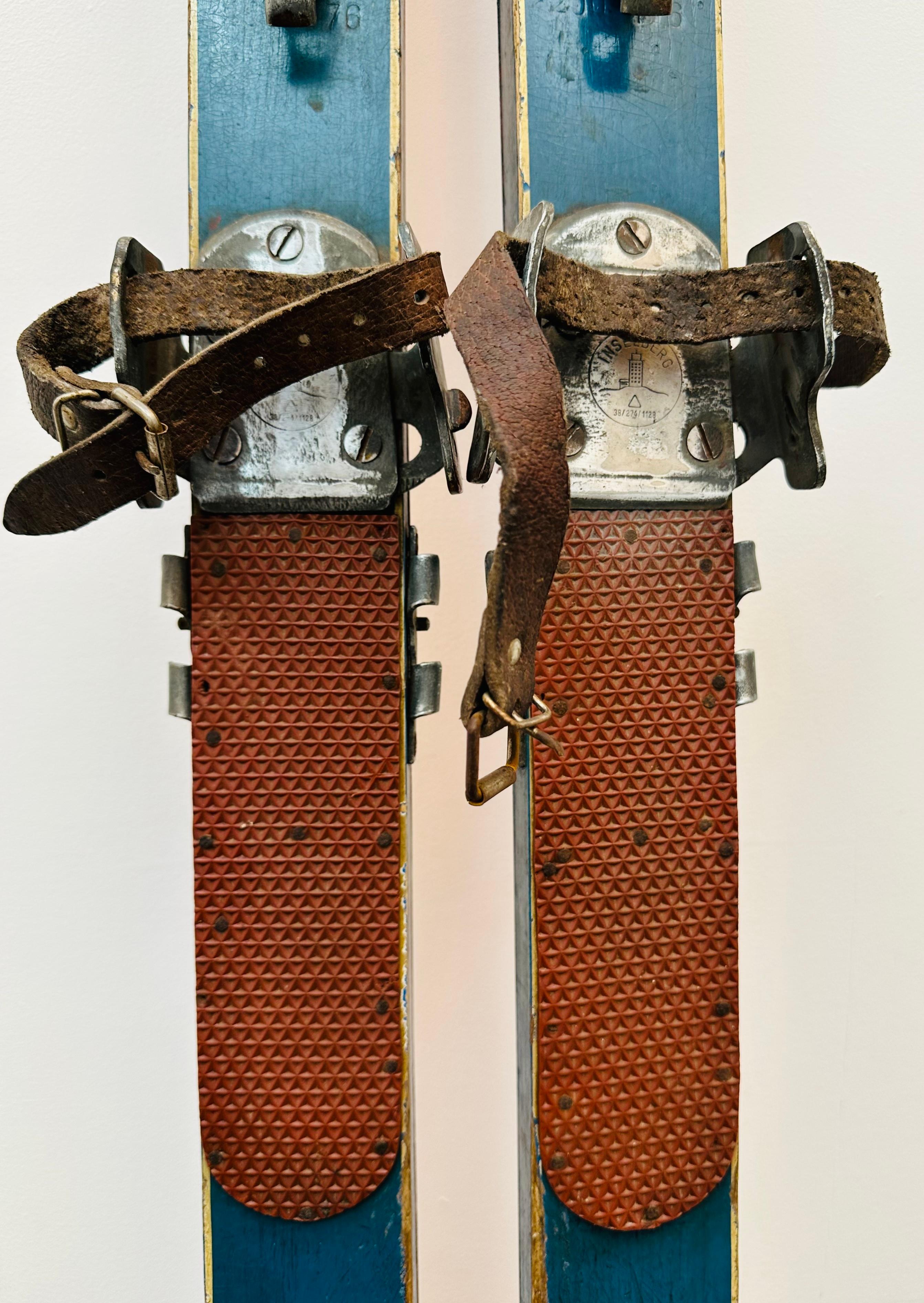 Painted Vintage Circa 1950s Wooden Skis with Bindings by Spezial Schichten Hohnberg For Sale