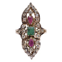 Vintage Circa 1960s 10k Gold Natural Diamond And Emerald Ruby Navette Ring