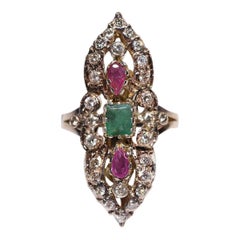 Vintage Circa 1960s 10k Gold Natural Diamond And Emerald Ruby Navette Ring