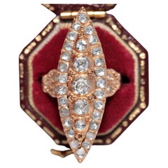 Vintage Circa 1960s 12k Gold Natural Rose Cut Diamond Decorated Navette Ring