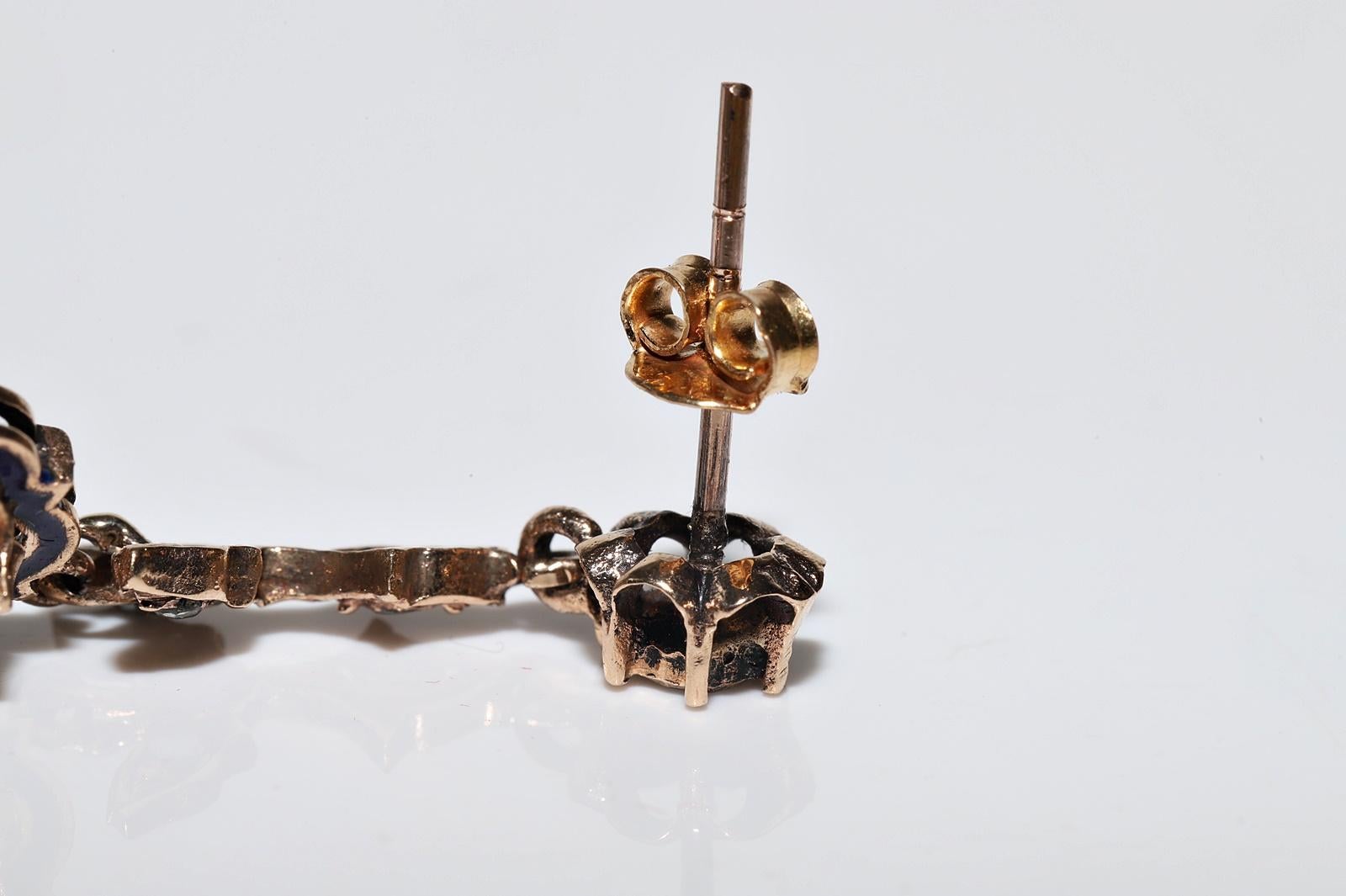 Vintage Circa 1960er Jahre 12k Gold Natürlicher Rosenschliff Diamant Emaille Tropfenohrring im Angebot 5