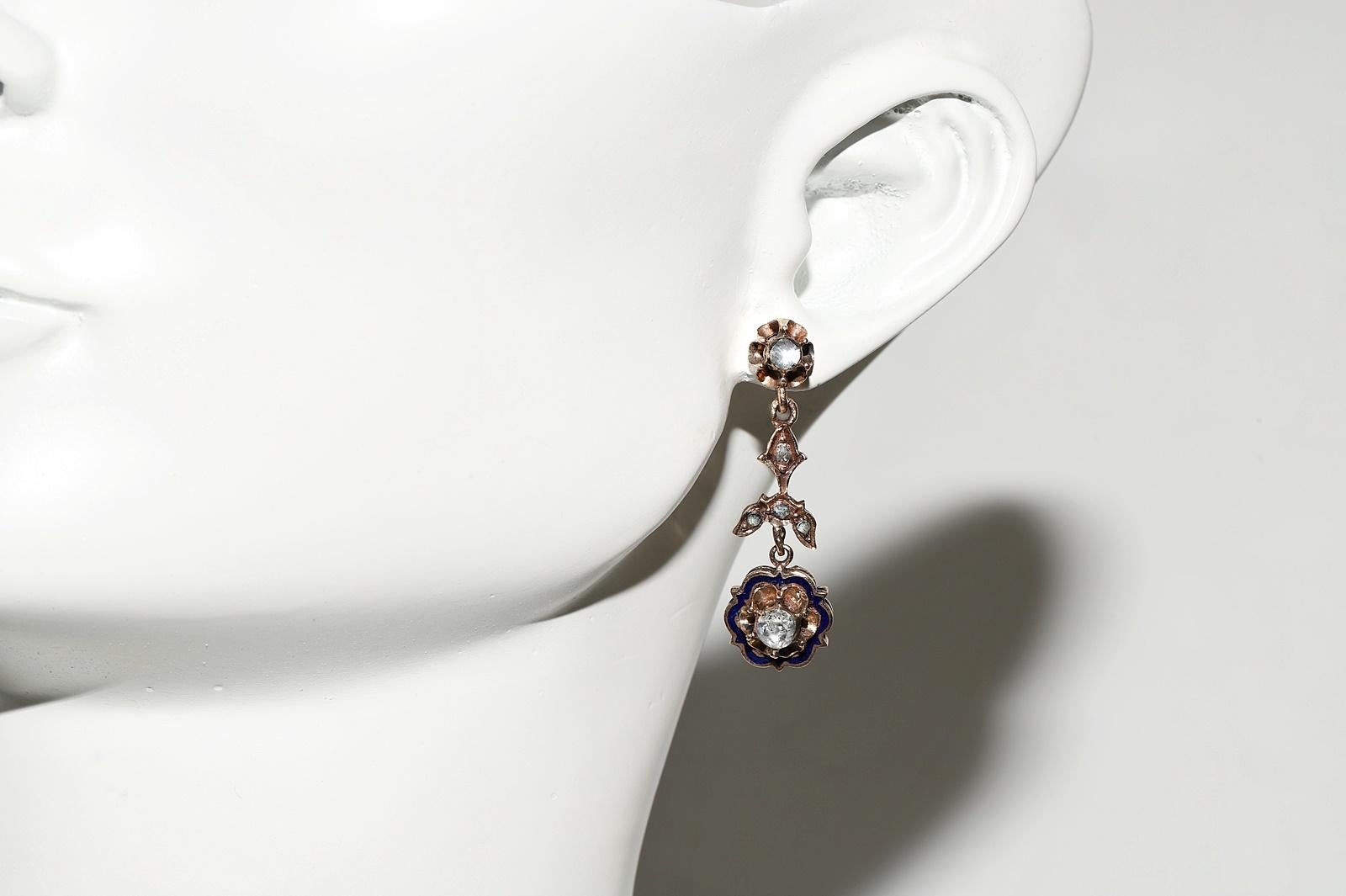 Vintage Circa 1960er Jahre 12k Gold Natürlicher Rosenschliff Diamant Emaille Tropfenohrring im Angebot 10