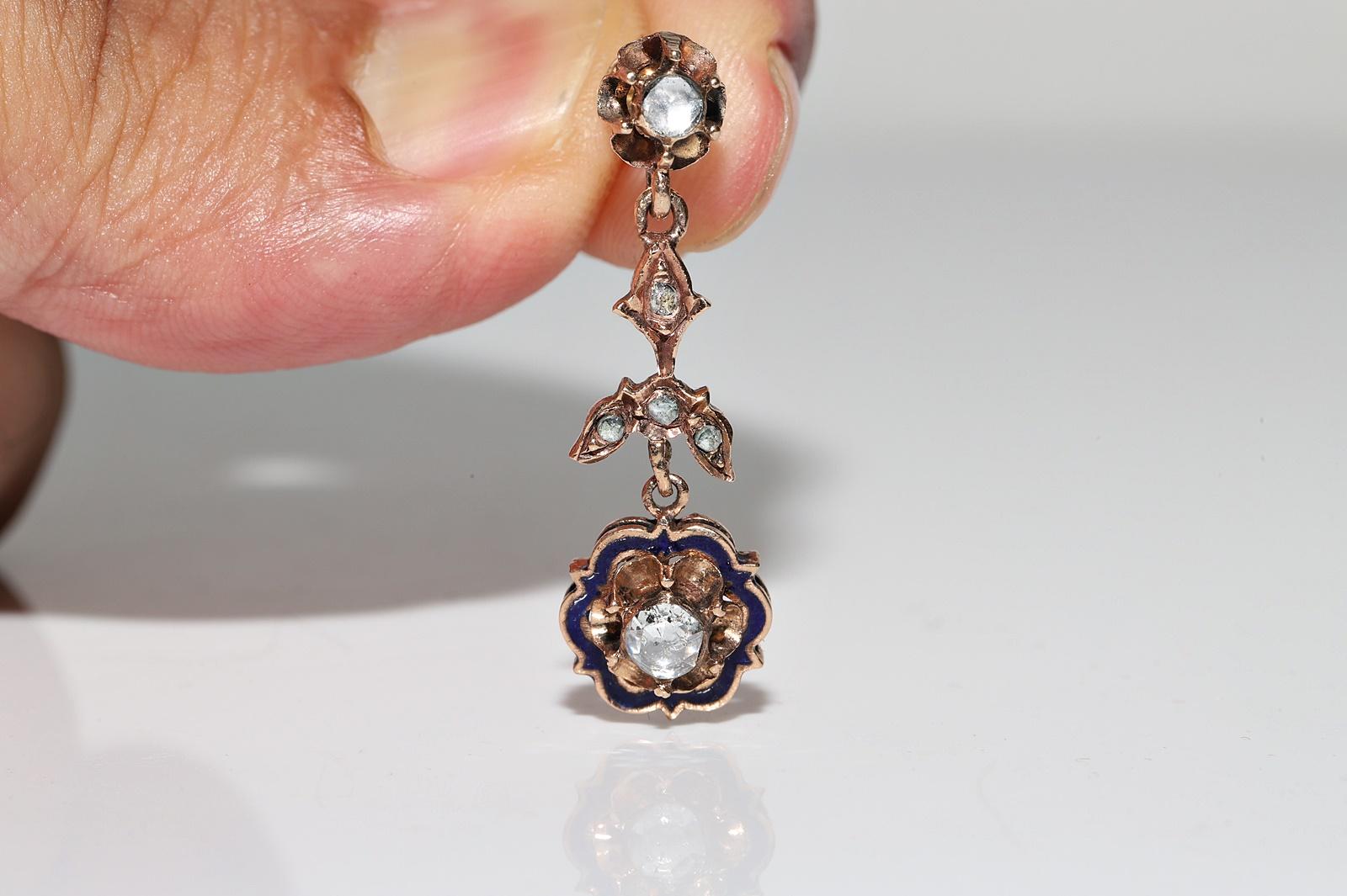 Vintage Circa 1960er Jahre 12k Gold Natürlicher Rosenschliff Diamant Emaille Tropfenohrring im Angebot 12