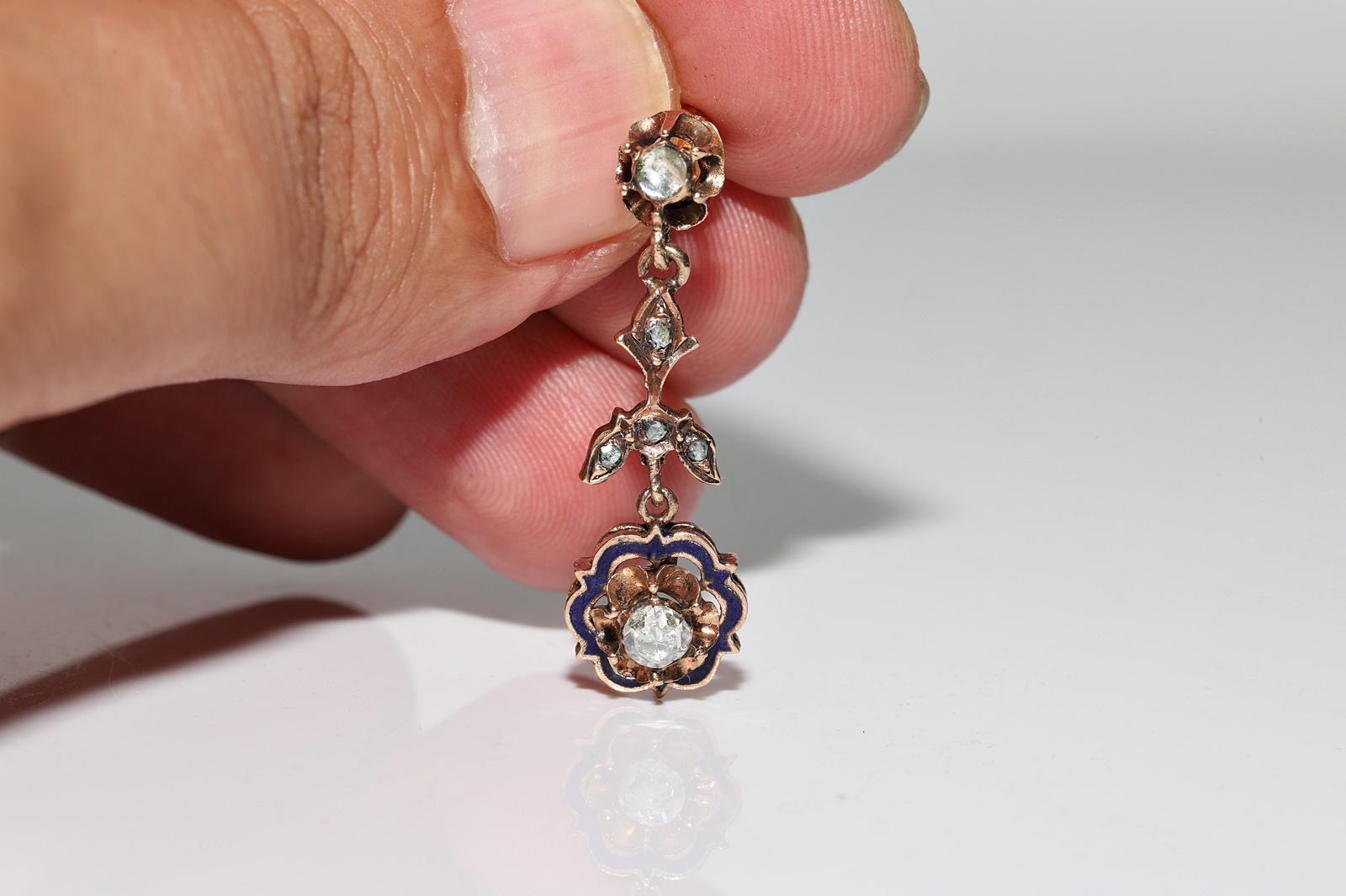 Vintage Circa 1960er Jahre 12k Gold Natürlicher Rosenschliff Diamant Emaille Tropfenohrring im Zustand „Gut“ im Angebot in Fatih/İstanbul, 34