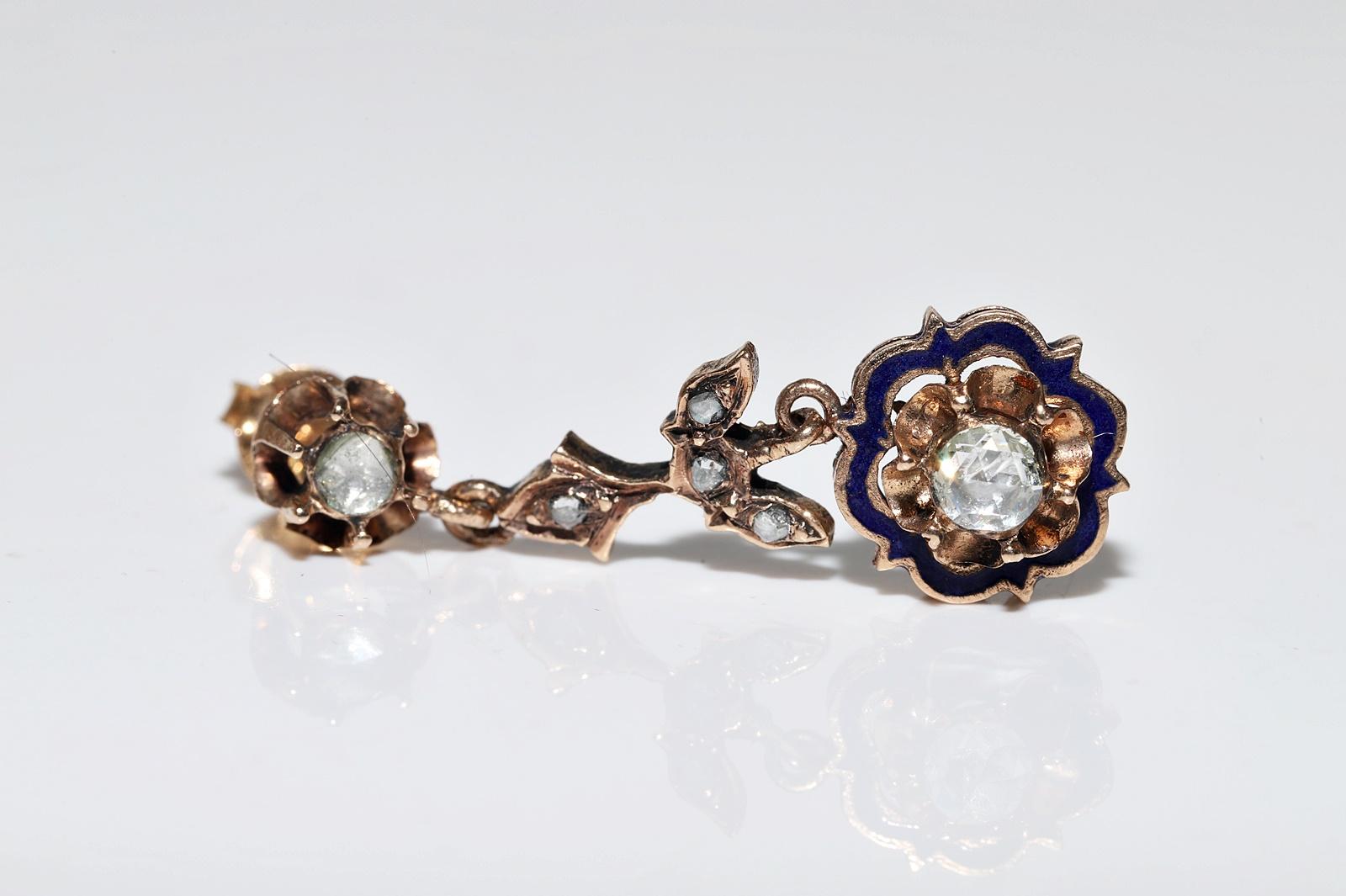 Vintage Circa 1960er Jahre 12k Gold Natürlicher Rosenschliff Diamant Emaille Tropfenohrring im Angebot 2