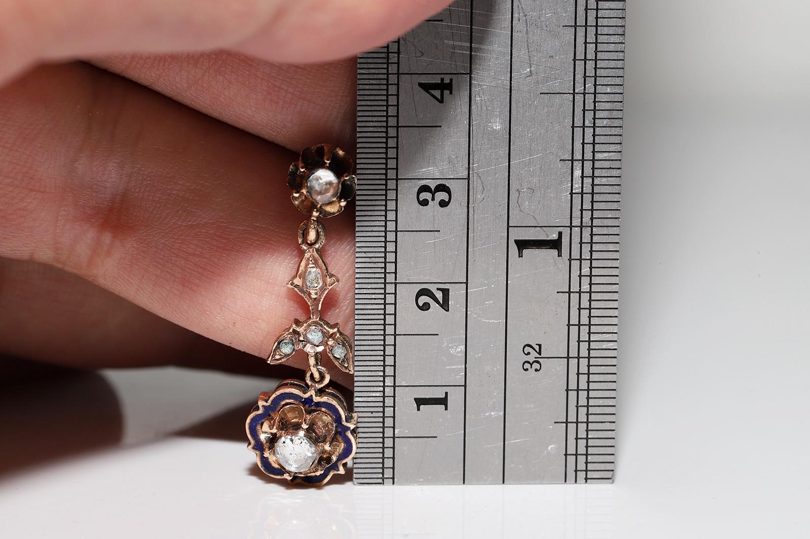 Vintage Circa 1960er Jahre 12k Gold Natürlicher Rosenschliff Diamant Emaille Tropfenohrring im Angebot 4