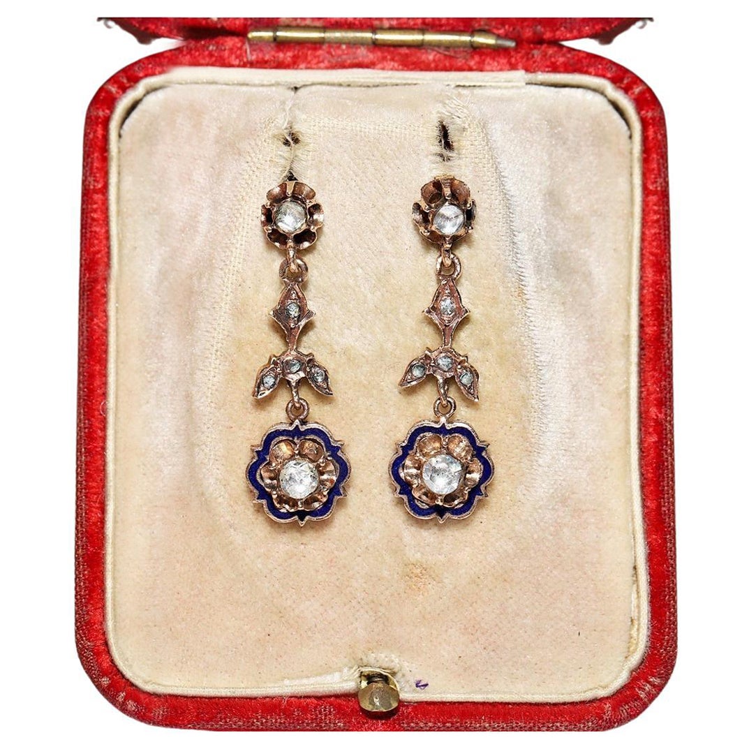 Vintage Circa 1960er Jahre 12k Gold Natürlicher Rosenschliff Diamant Emaille Tropfenohrring