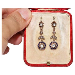 Pendants d'oreilles vintage des années 1960, en or 12 carats, émail et diamants naturels taille rose