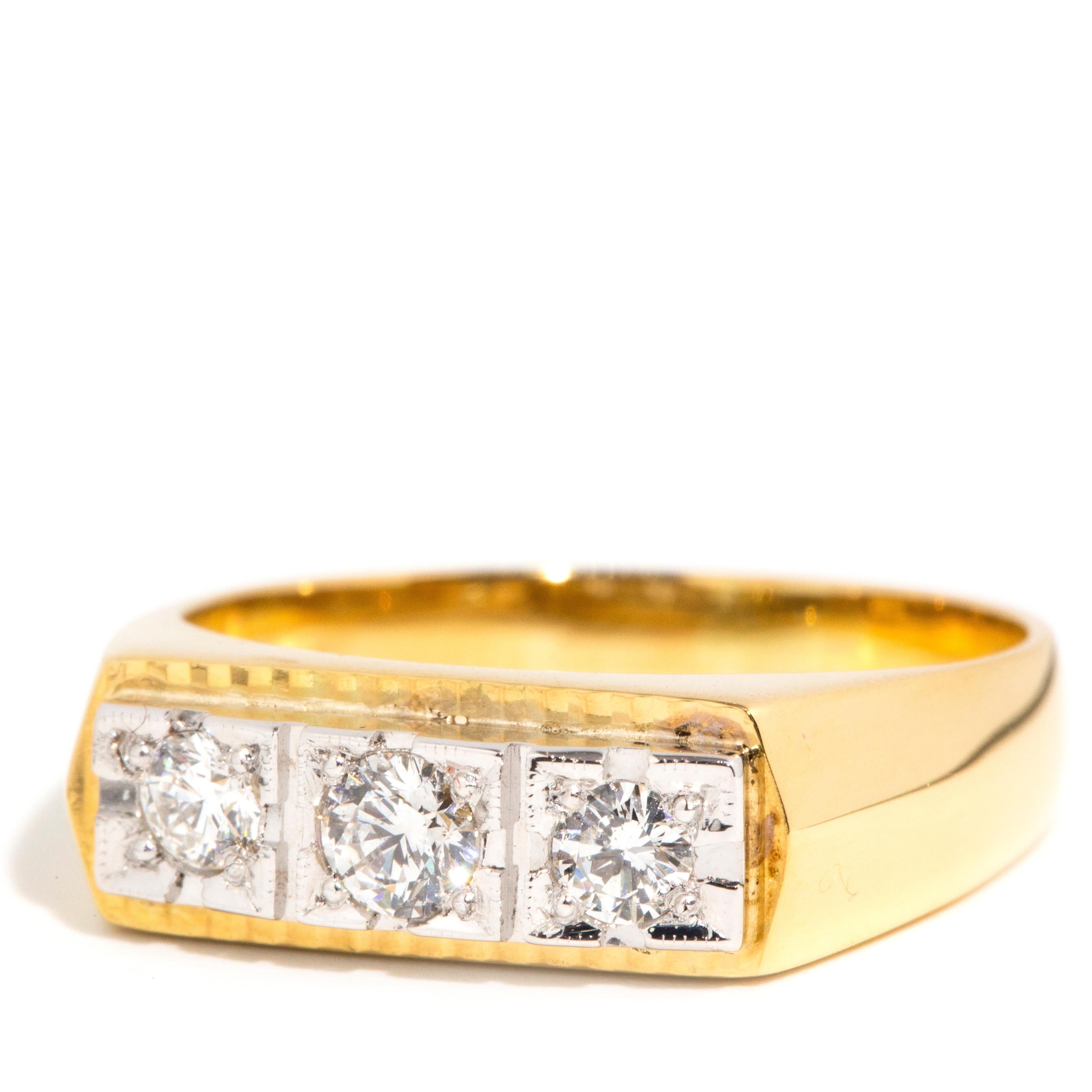 Modern Vintage circa 1960s 14 Carat Yellow Gold Partial Rubover Diamond Signet Ring For Sale
