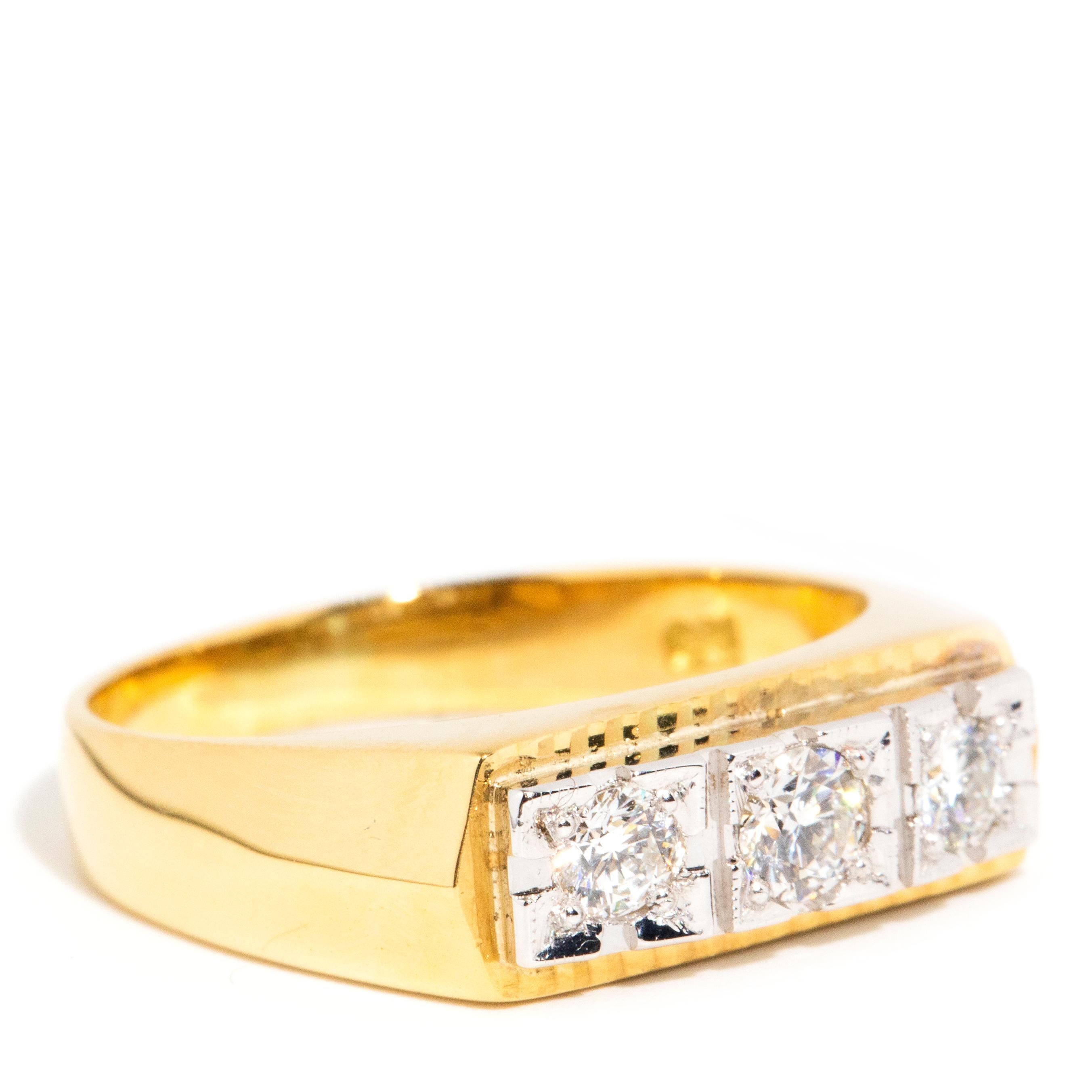 Round Cut Vintage circa 1960s 14 Carat Yellow Gold Partial Rubover Diamond Signet Ring For Sale