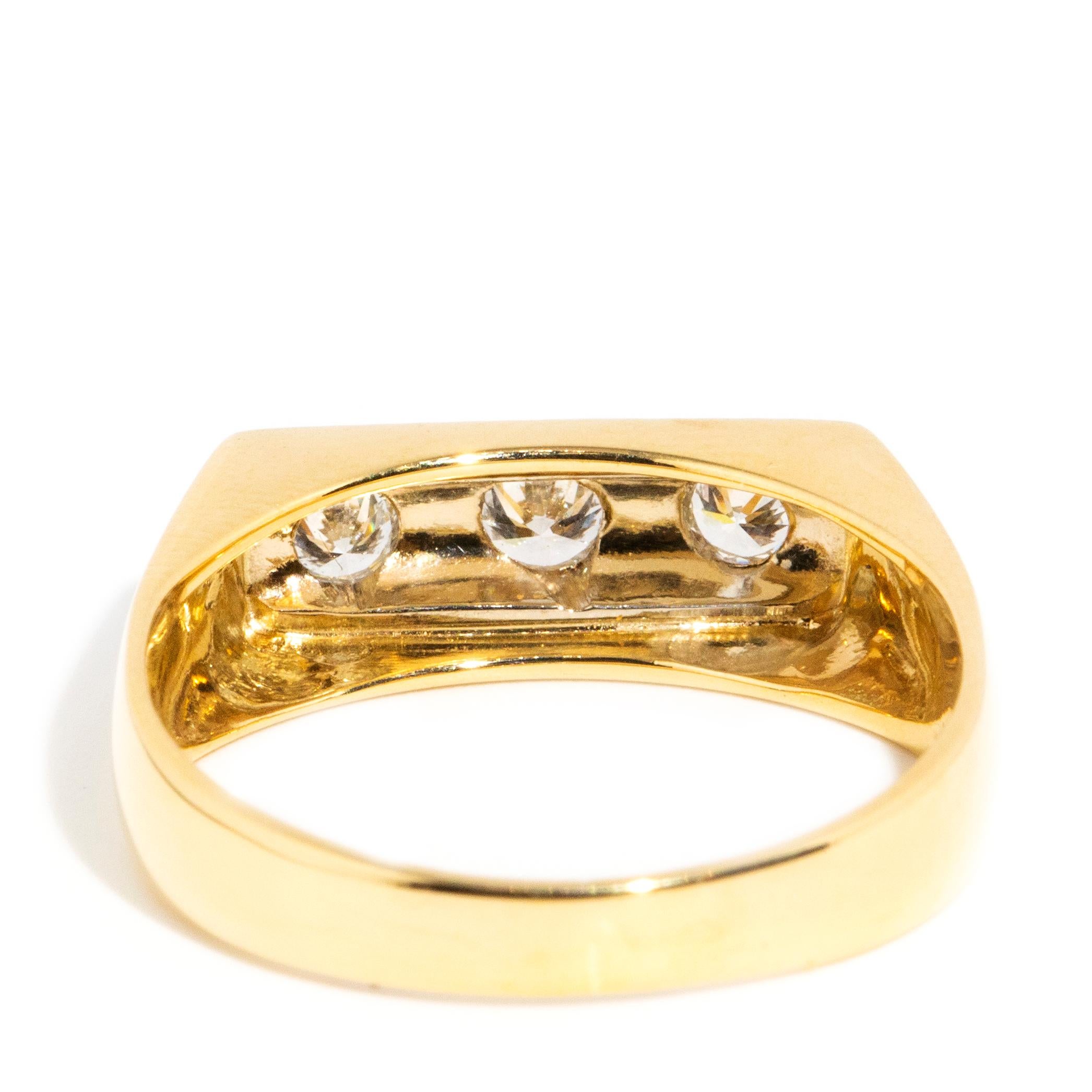 Vintage circa 1960s 14 Carat Yellow Gold Partial Rubover Diamond Signet Ring For Sale 3