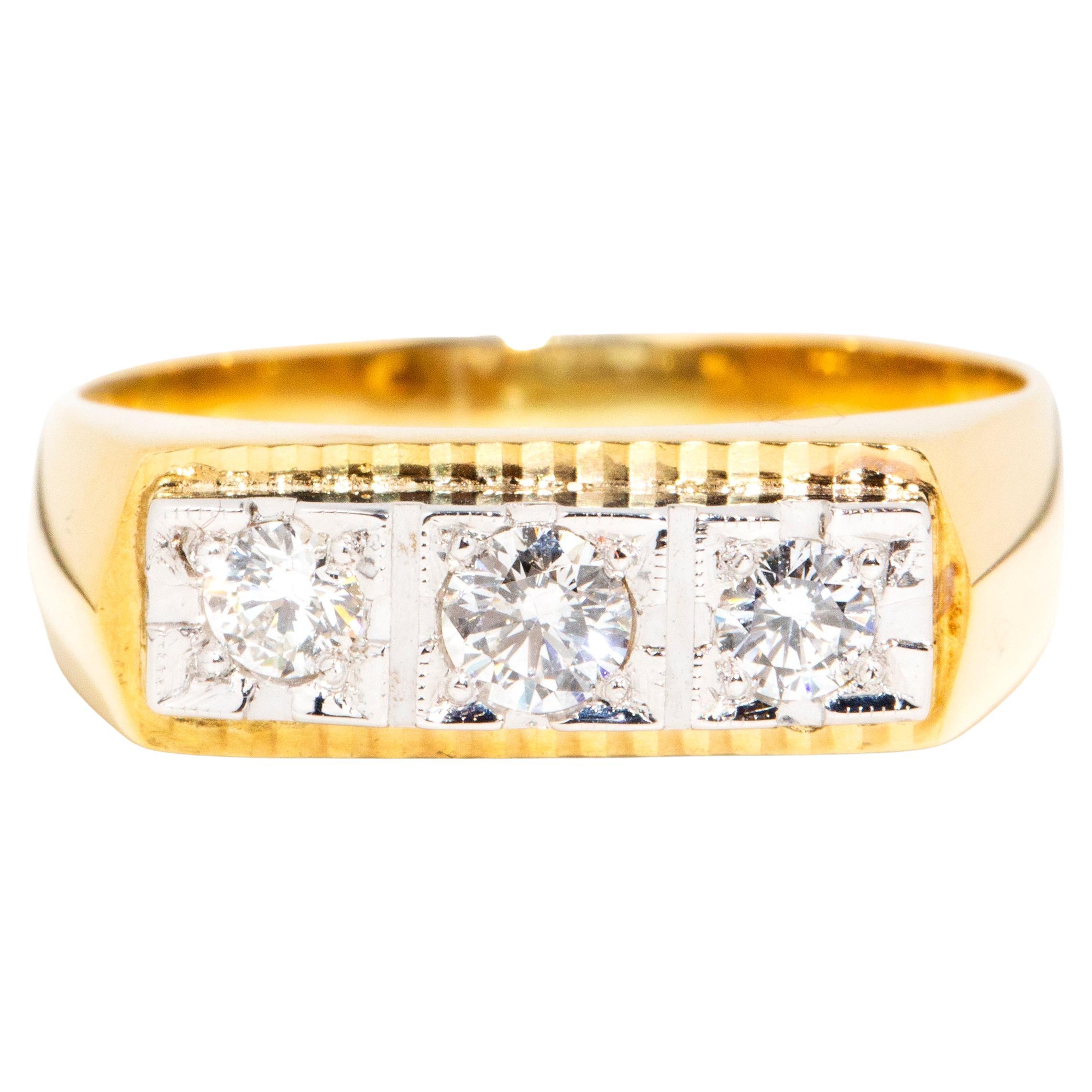 Vintage circa 1960s 14 Carat Yellow Gold Partial Rubover Diamond Signet Ring For Sale