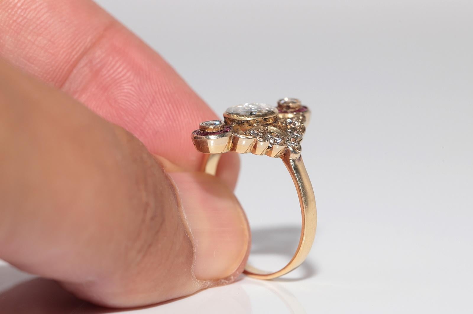 Anello Navette con diamanti naturali e rubini taglio calibro in oro 14k, vintage, anni '60 circa. in vendita 4