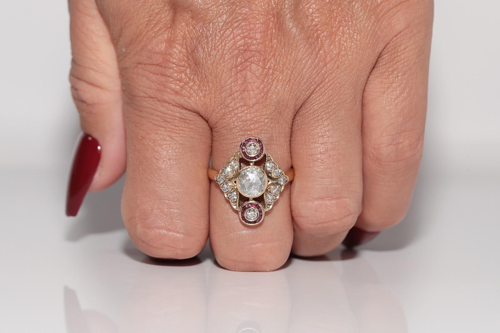 Vintage CIRCA 1960s 14k Gold Natürlicher Diamant und Kaliber geschnittener Rubin Navette Ring im Angebot 9