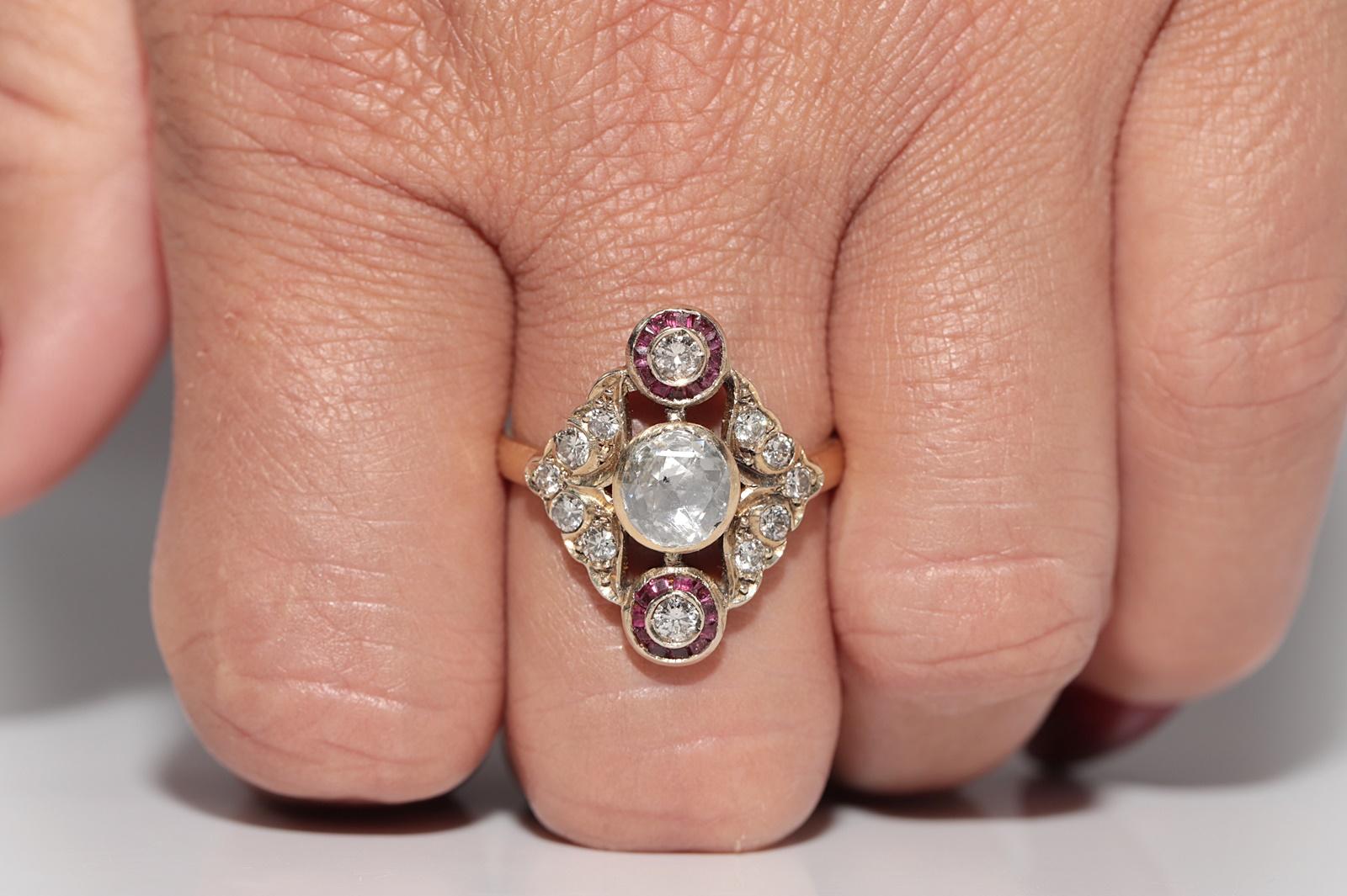 Anello Navette con diamanti naturali e rubini taglio calibro in oro 14k, vintage, anni '60 circa. in vendita 10