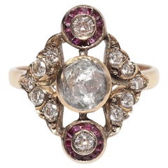 Vintage Circa 1960s 14k Gold Natural Diamond And Caliber Cut Ruby Navette Ring