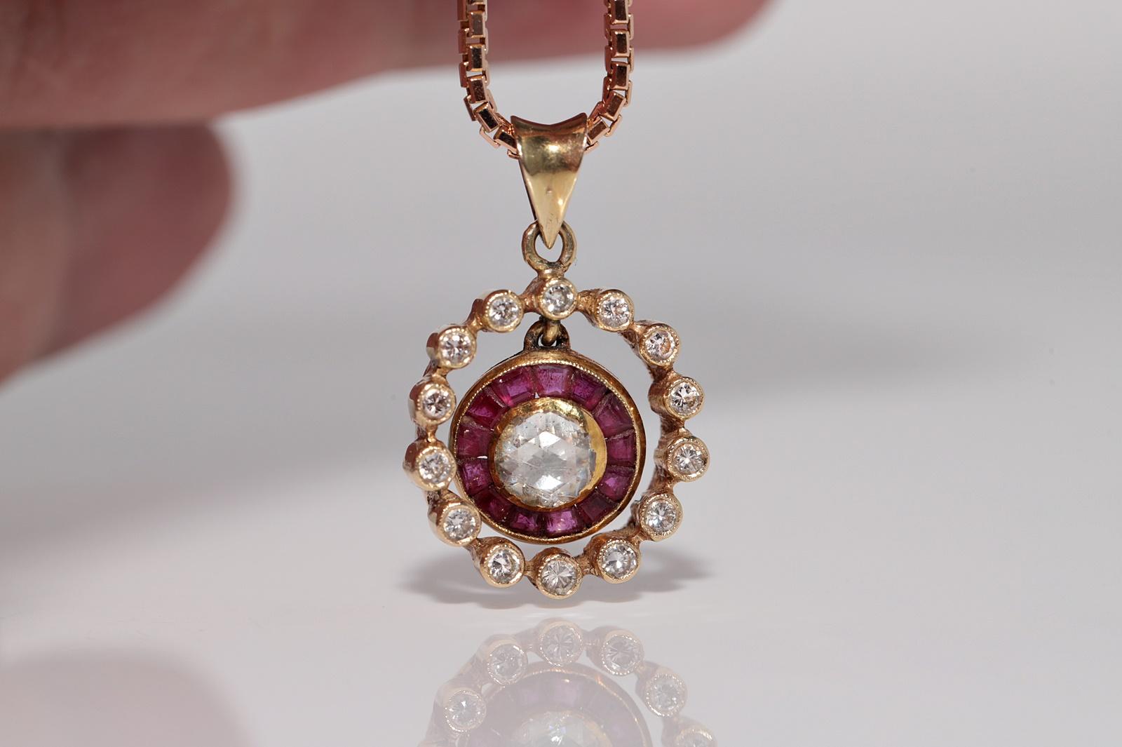 Women's Vintage Circa 1960s 14k Gold Natural Diamond And Caliber Cut Ruby Necklace For Sale