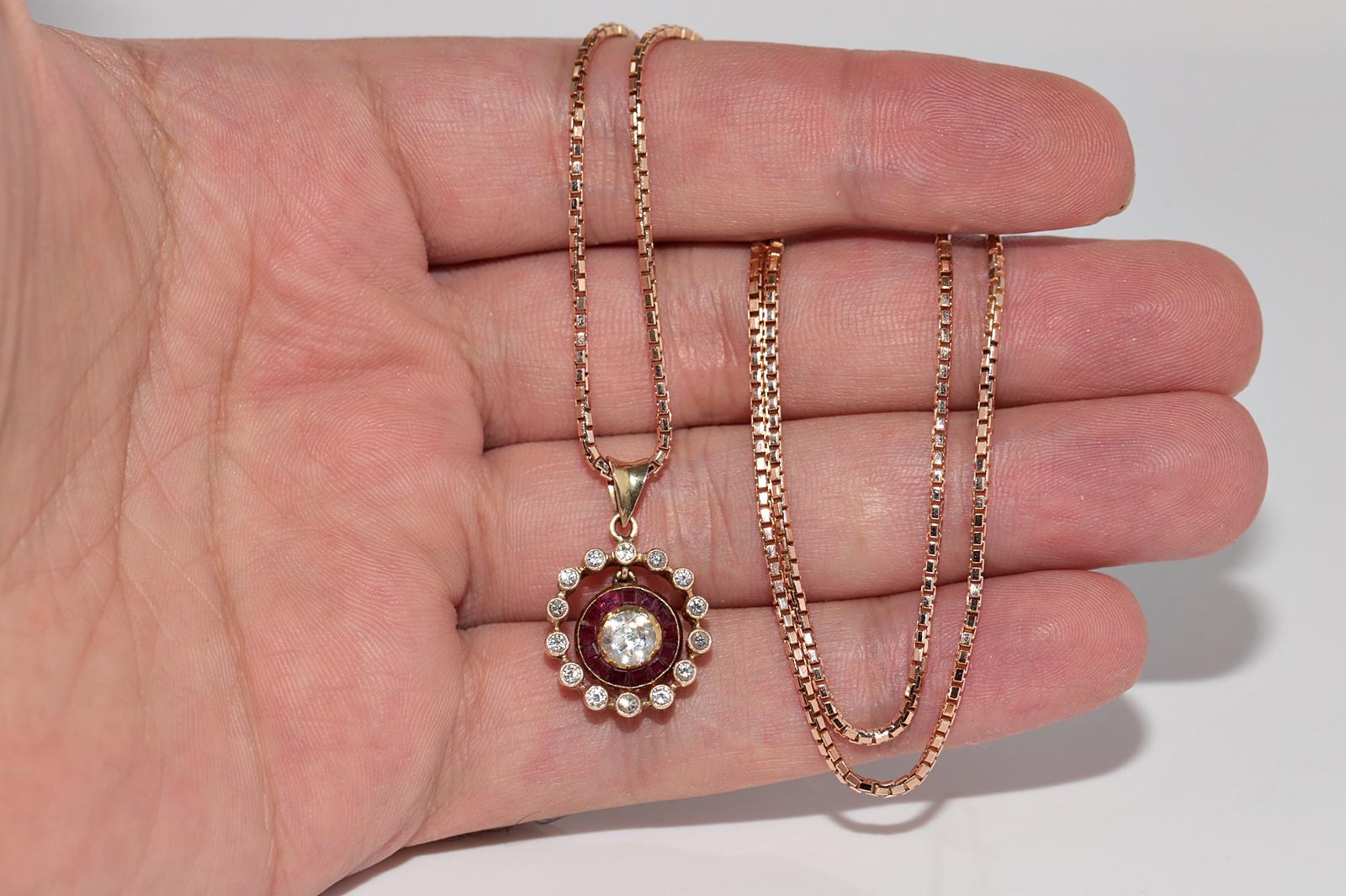 Vintage Circa 1960s 14k Gold Natural Diamond And Caliber Cut Ruby Necklace For Sale 1