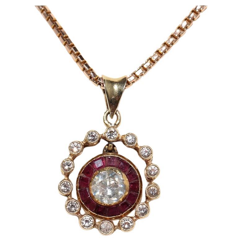 Collana in oro 14k con diamanti naturali e rubini taglio calibro, vintage, anni
60 circa.