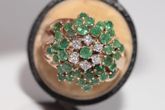 Vintage Circa 1960s 14k Gold Natural Diamond And Emerald Decorated Ring