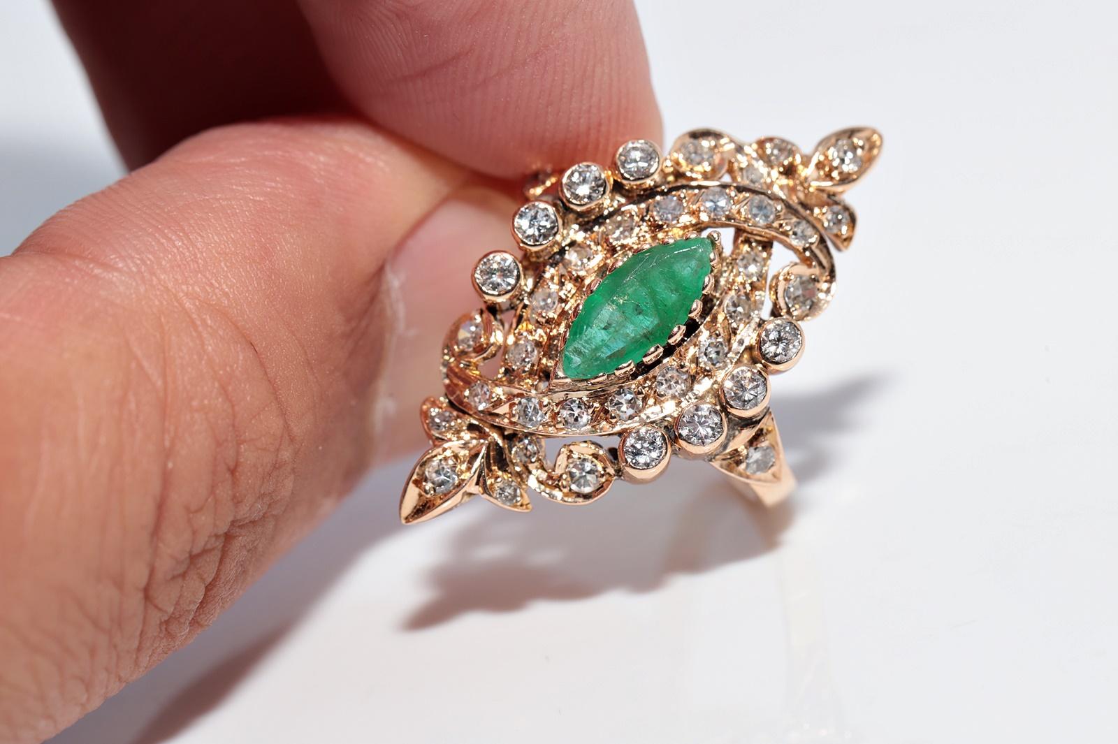 Vintage Circa 1960er Jahre 14k Gold Navette Ring mit natürlichem Diamant und Smaragd im Angebot 6