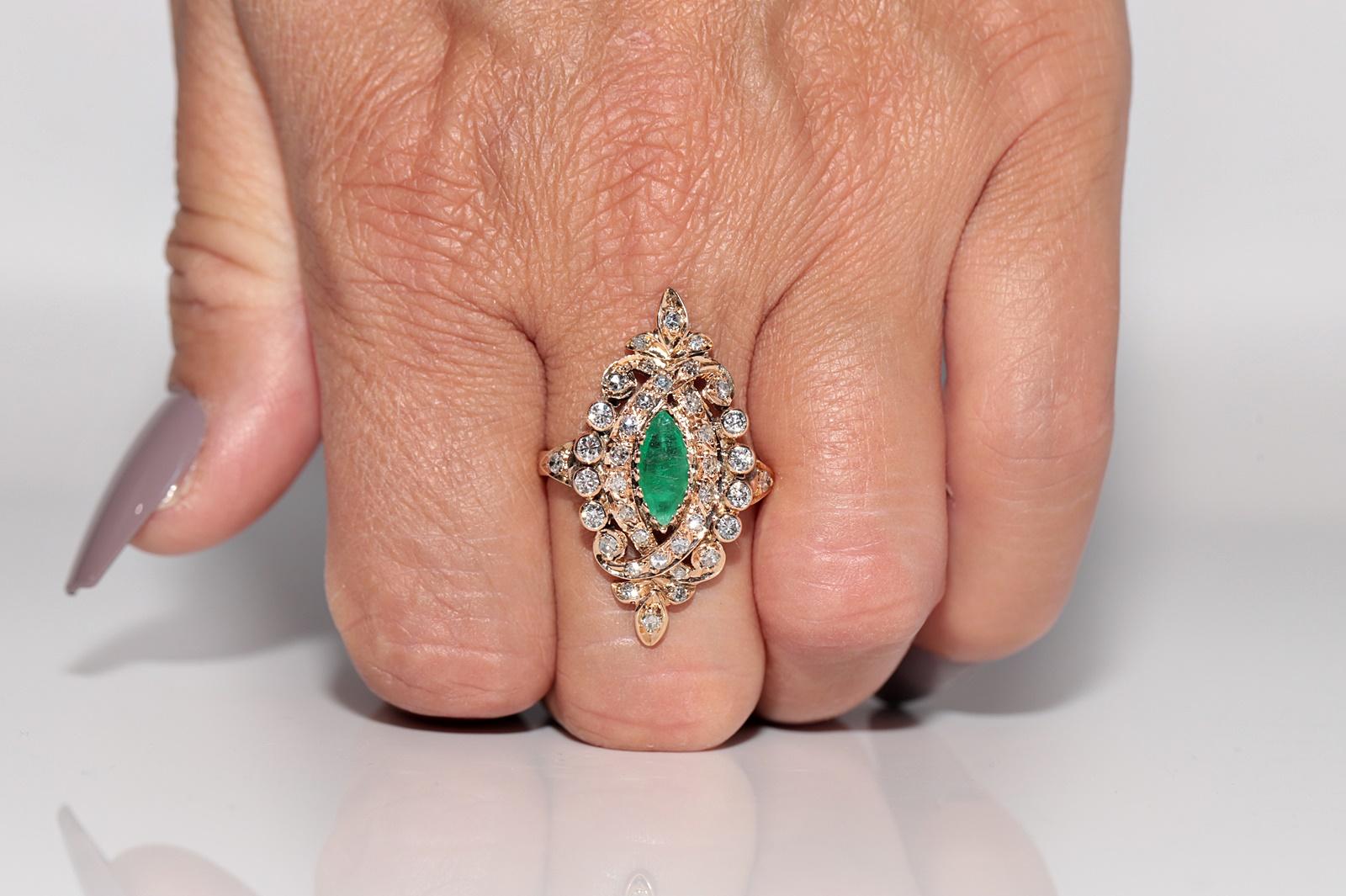 Vintage Circa 1960er Jahre 14k Gold Navette Ring mit natürlichem Diamant und Smaragd im Angebot 9