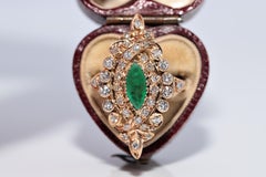Vintage Circa 1960s 14k Gold Natural Diamond And Emerald Navette Ring