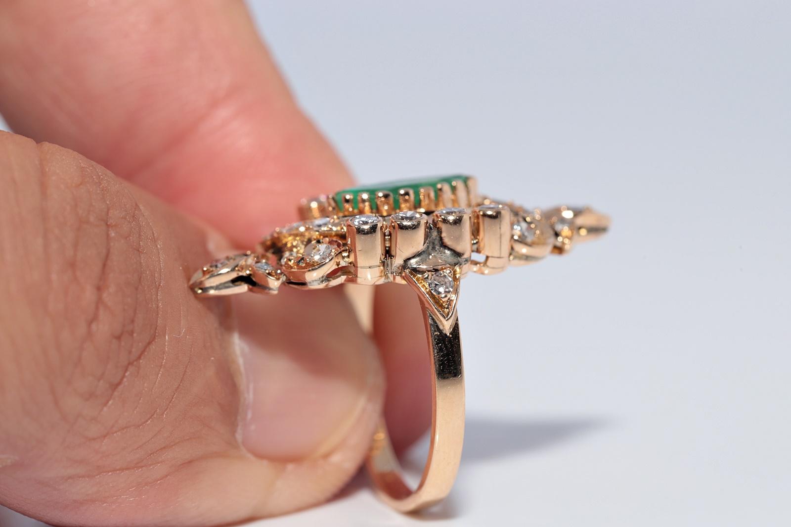 Vintage Circa 1960er Jahre 14k Gold Navette Ring mit natürlichem Diamant und Smaragd im Zustand „Gut“ im Angebot in Fatih/İstanbul, 34