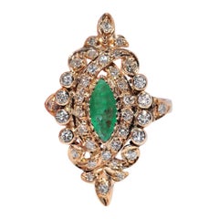 Vintage Circa 1960s 14k Gold Natural Diamond And Emerald Navette Ring