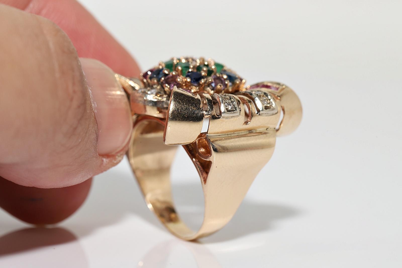 Retro Vintage Circa 1960s 14k Gold Natural Diamond And Emerald Ruby Sapphire Tank Ring For Sale