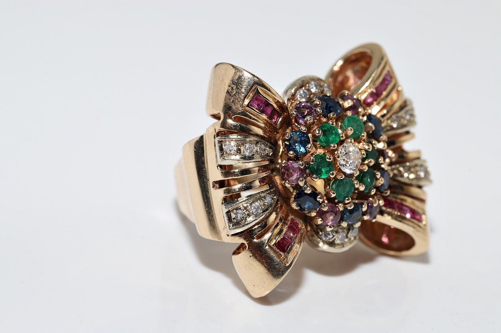 Brilliant Cut Vintage Circa 1960s 14k Gold Natural Diamond And Emerald Ruby Sapphire Tank Ring For Sale