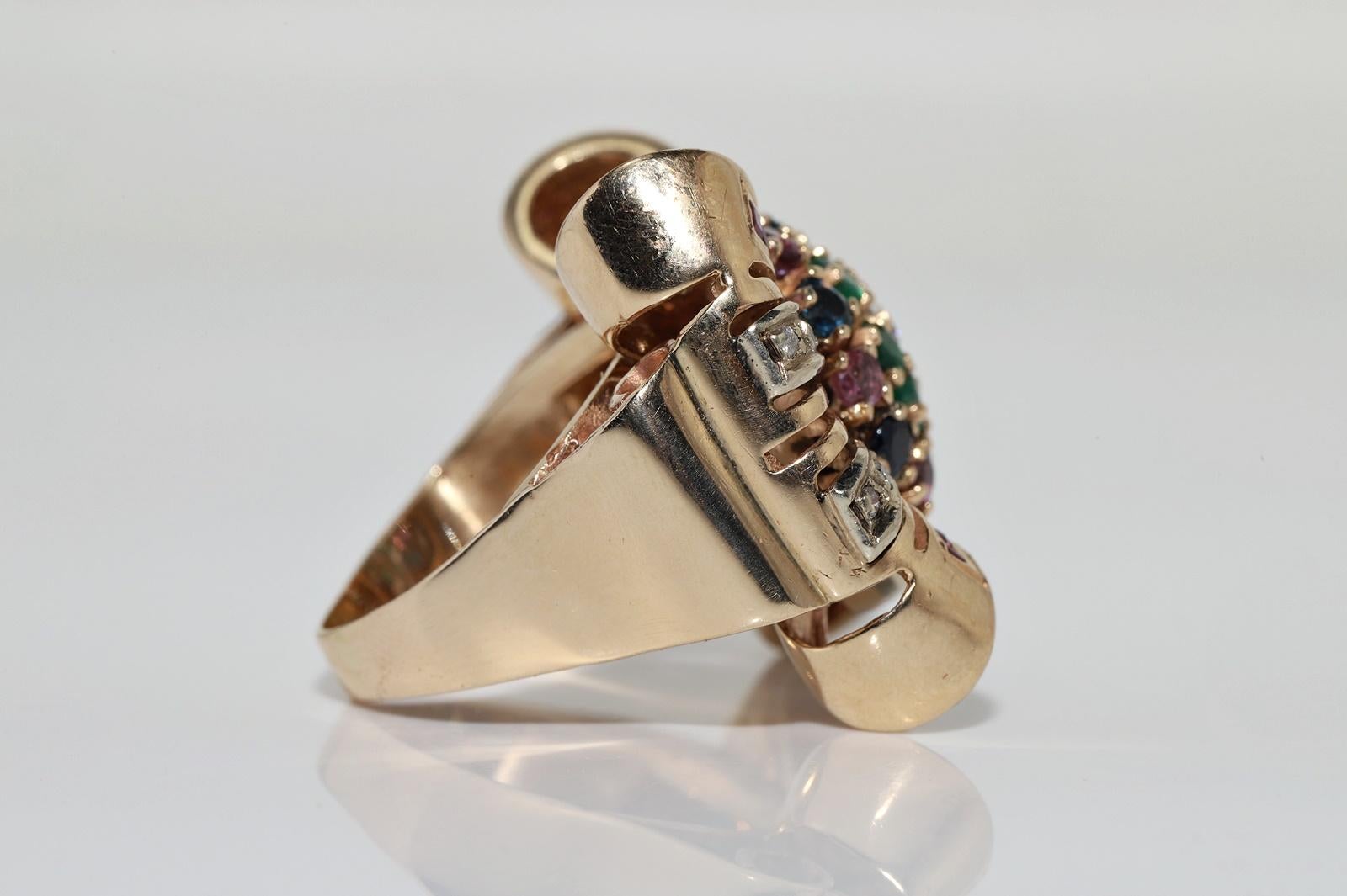 Tank-Ring, Vintage, ca. 1960er Jahre, 14 Karat Gold, natürlicher Diamant und Smaragd, Rubin, Saphir im Zustand „Gut“ im Angebot in Fatih/İstanbul, 34