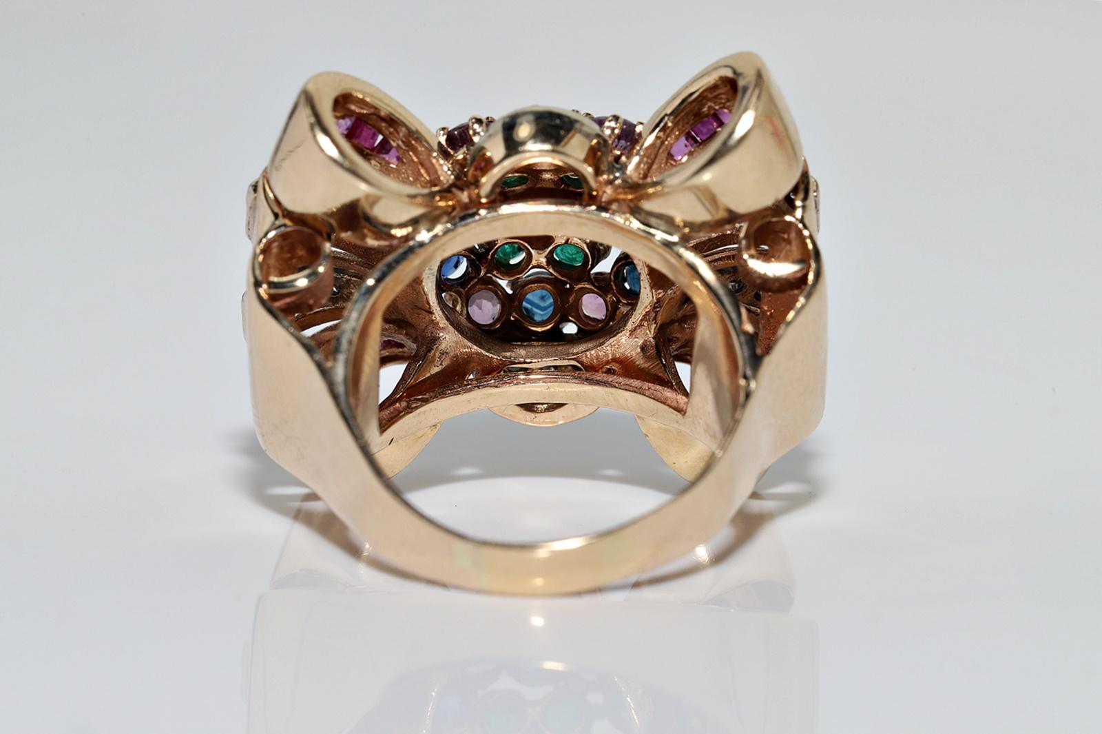 Tank-Ring, Vintage, ca. 1960er Jahre, 14 Karat Gold, natürlicher Diamant und Smaragd, Rubin, Saphir Damen im Angebot