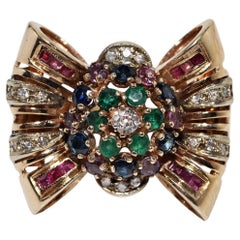 Retro Circa 1960s 14k Gold Natural Diamond And Emerald Ruby Sapphire Tank Ring