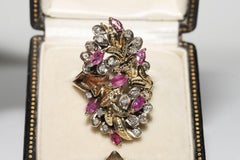 Vintage Circa 1960s 14k Gold Natural Diamond And Marquise Cut Ruby Flowers Ring