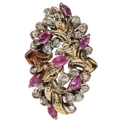 Vintage Circa 1960s 14k Gold Natural Diamond And Marquise Cut Ruby Flowers Ring