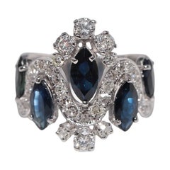 Anello in oro 14k con diamanti naturali e zaffiri taglio marquise, vintage, anni
60, circa.