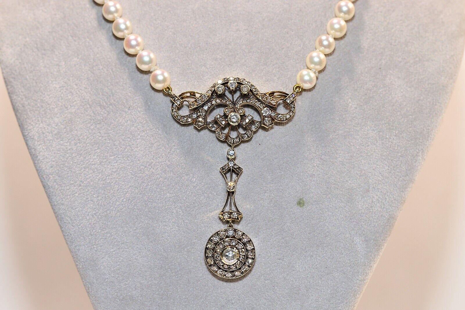 Vintage Circa 1960s 14k Gold Natural Diamond And Pearl Necklace For Sale 8